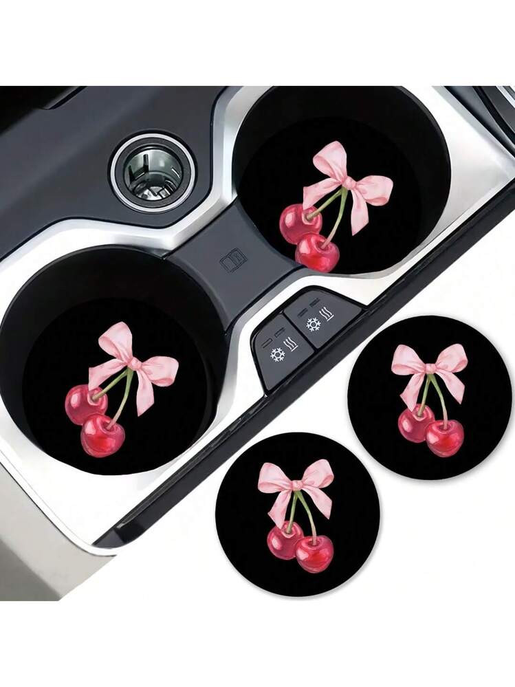 2pcs Cherry Print Car Cup Holders, Fashion Durable Quick-Drying Anti-Slip Car Cup Mats | SHEIN