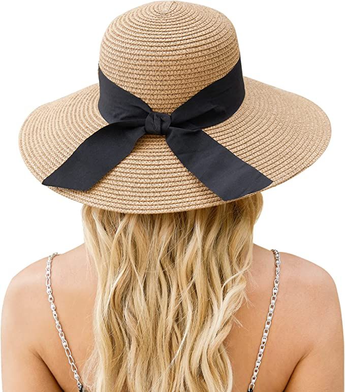 Straw Beach Hats for Women, Wide Brim UV Protection Sun Hats Women | Amazon (US)