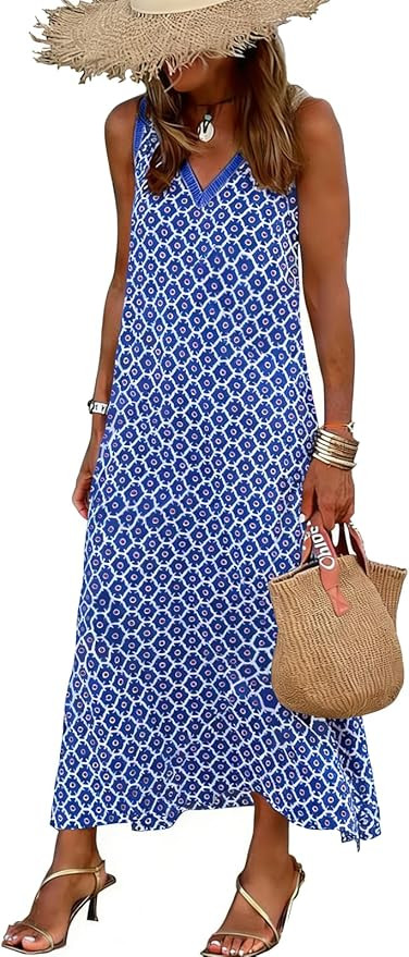miduo Womens Casual Summer V Neck Sleeveless Floral Printed Beach Split Maxi Dress Sundress | Amazon (US)