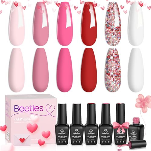 Beetles Pink Gel Nail Polish Set -6 Colors Pink Gel Polish Nail Kit Red Nude Pink White Glitter Color Gel Fall in Love Collection Soak Off Uv LED Nail Lamp Valentines Day Gifts for Women | Amazon (US)