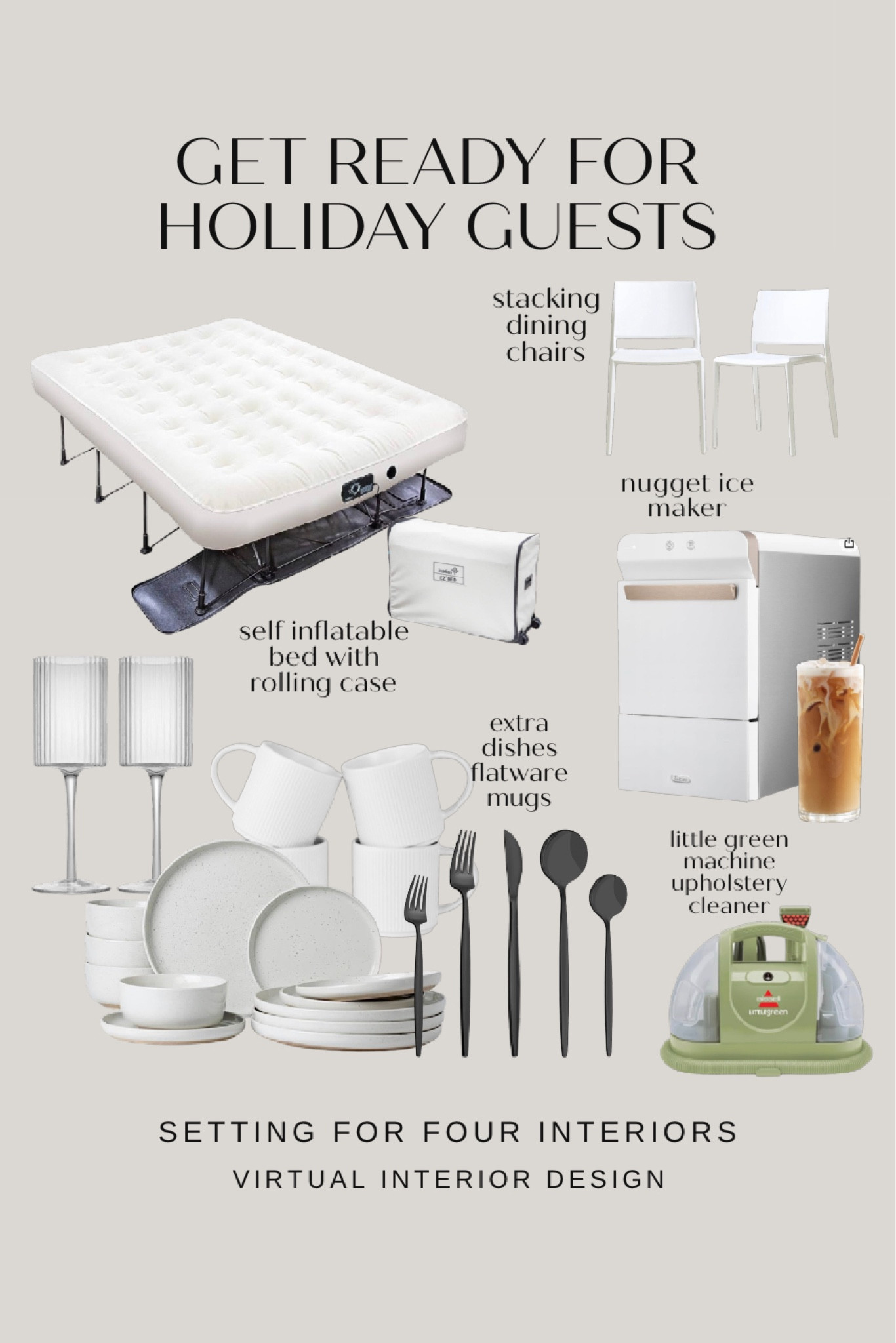 Get ready for holiday guests! Everything you need for hosting and entertaining friends and family for Thanksgiving and Christmas - comfortable air mattress that easily inflates and packs up, extra dinnerware, chairs and glassware.

Little green machine, stackable chairs, nugget ice maker, kitchen, upholstery cleaner, ,Flatware, towels, organic modern, transitional, classic, Christmas, guest bedroom

#LTKHoliday 

#LTKFindsUnder100 #LTKHome #LTKFindsUnder50