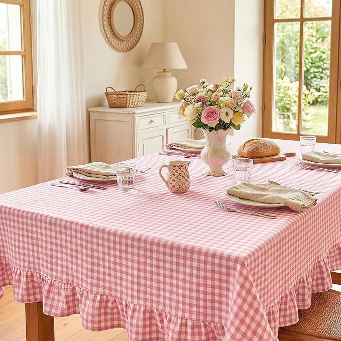 Mindsoft Light Pink Gingham Ruffled Tablecloth 70 x 52 Inches Rectangle Cotton Linen Checkered Ta... | Amazon (US)