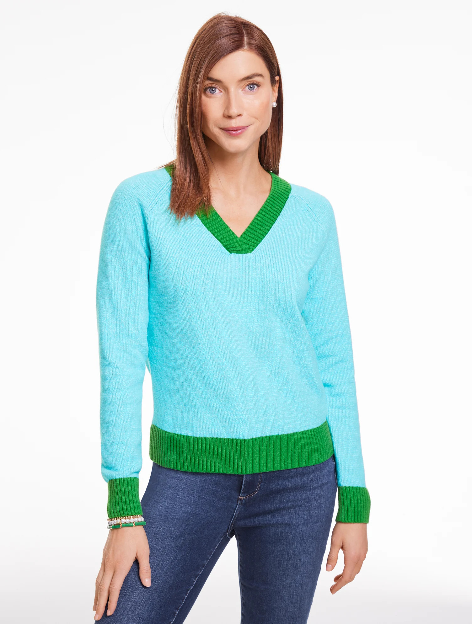 Plus Petite - Colorblock V-neck Sweater - Pink Guava/Dark Orange - X Talbots | Talbots