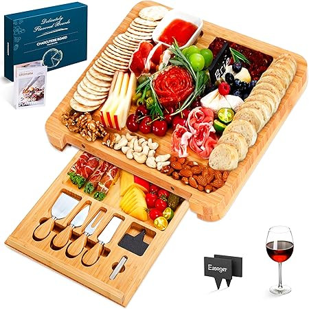 Easoger Cheese Board, Large Charcuterie Board Set, Bamboo Serving Platter, 4 Serving Knives and U... | Amazon (US)