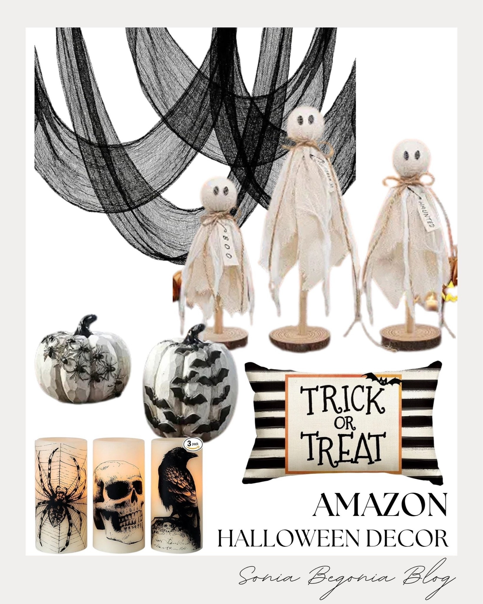 Spooky season home finds! 👻

I selected rustic rustic-chic Halloween decor including wooden standing ghosts, black netting drape, and a striped "Trick or Treat" throw pillow.

I added spider-web printed pumpkins along with skull, raven, and spider LED pillar candles to complete the cozy setup. 🕯️✨

#AmazonHome #HalloweenDecor #SpookySeason #LTKhome #FallDecor #HalloweenInspo #CozyHome #HomeStyling

#LTKSeasonal #LTKHome