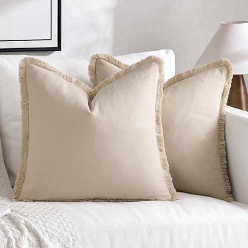 MIULEE Throw Pillow Covers Boho Farmhouse 26x26 Set of 2 Decorative Beige Couch with Fringe Chic Cotton Pillowcases Home Decor Accents for Cushion Soft Bed Living Room | Amazon (US)