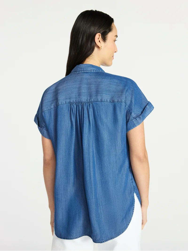 Time and Tru Women's Chambray Camp Shirt with Short Sleeves, Sizes XS-XXXL | Walmart (US)