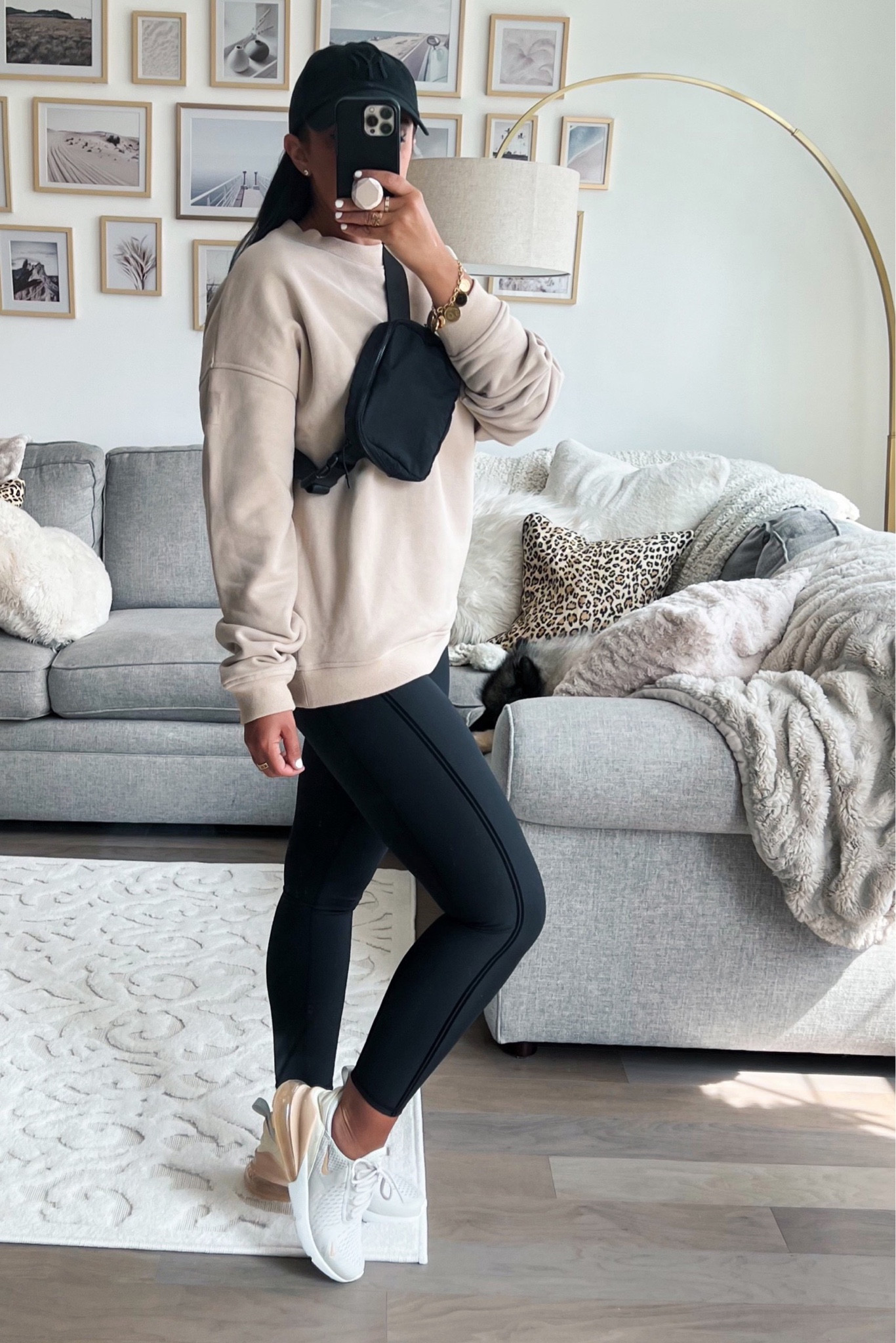 Alo yoga black leggings wearing size medium now $96 originally $138. Sweatshirt wearing size small now $82 originally $118  Nike air max 270 sneakers run true to size. Amazon belt bag under $20