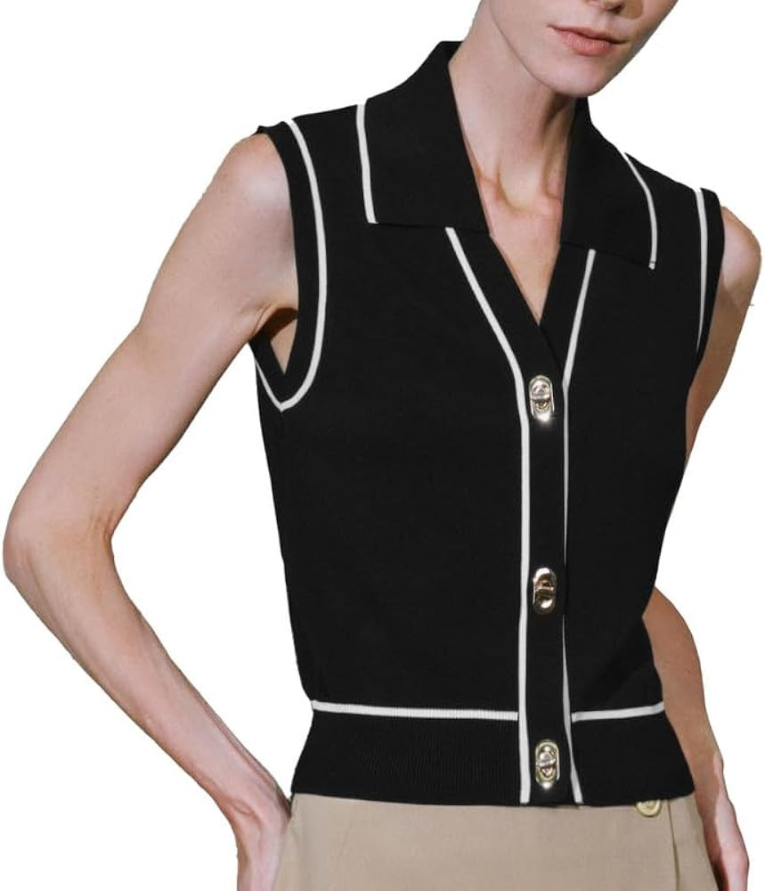 Womens Sweater Vest 2024 Sleeveless Lapel V Neck Button Down Knit Casual Tank Summer Tops | Amazon (US)