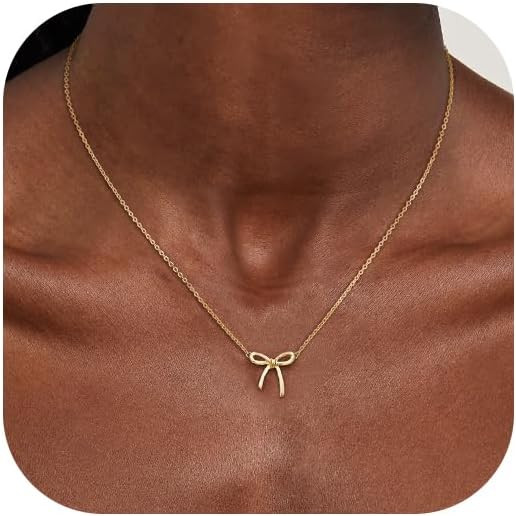 Gold Necklace for Women - Bow Necklace 14K Dainty Gold Necklace Cute Small Tiny Bow Pendant Choke... | Amazon (US)