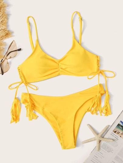 Tassel Lace-up Side Ruched Bikini Set | ROMWE