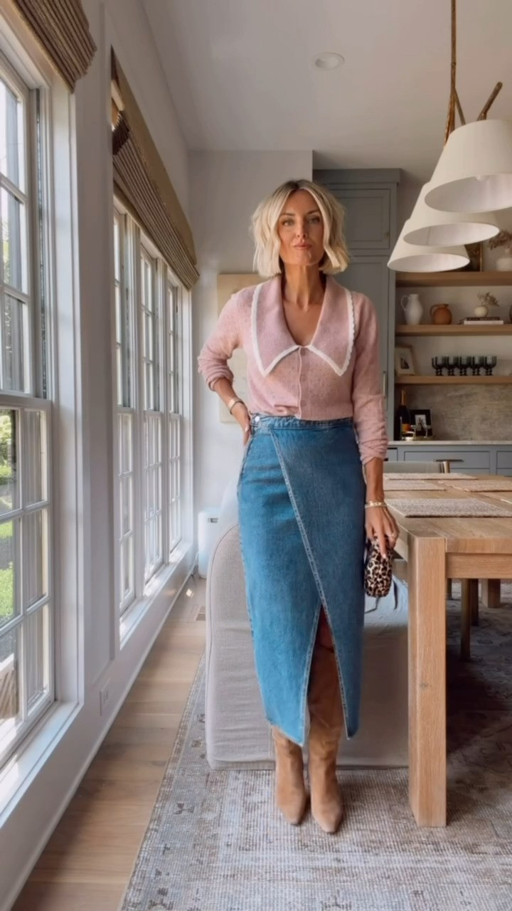 This pink cardigan has pointelle details on it! It's so feminine and pretty! I love it paired with this denim skirt - both top and the skirt are on sale! Wearing XS/00

Loverly Grey, Loft, denim skirt, cardigan, fall outfit, suede boots, sale 

 #LTKSeasonal #LTKSaleAlert
