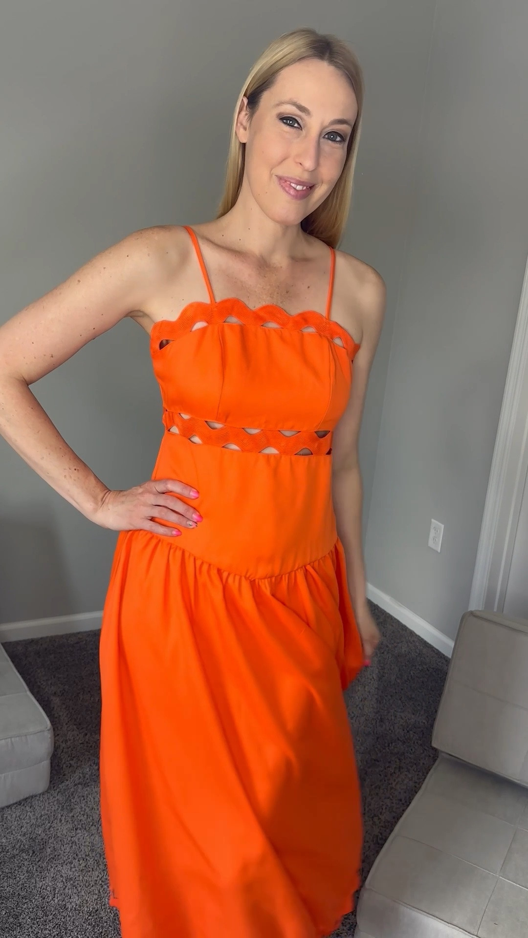 Bright orange maxi dress for summer cruises 
💓I love the bright color and the cute cut out style
💓 it doesn’t have stretch but does have a little wiggle room
💓 wearing size small, fits true to size and I am 5’10”
💓 SHEIN fashion, SHEIN under $50 find