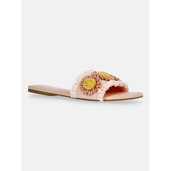 Time and Tru Women's Faux Raffia Daisy Slide Sandals | Walmart (US)