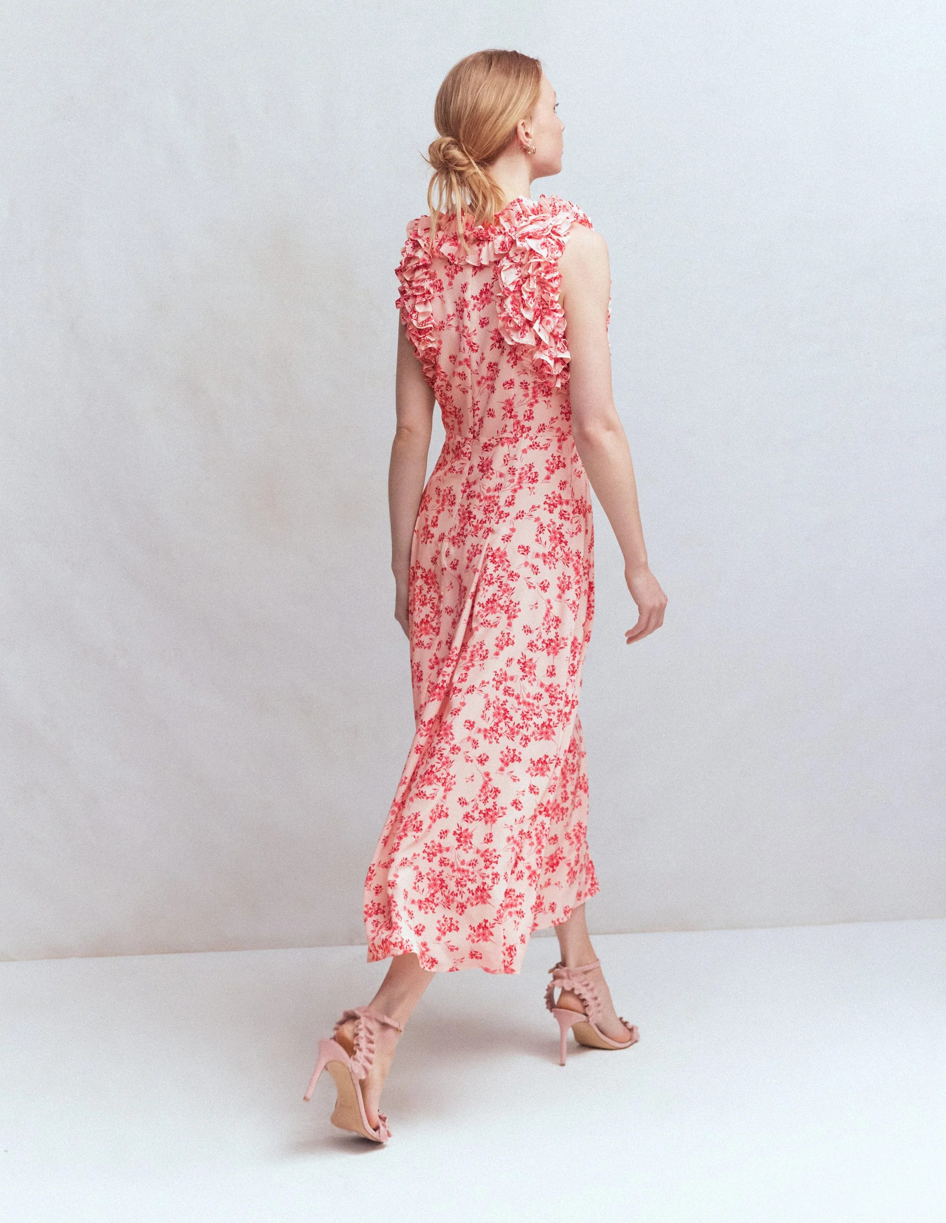 Ruffle Silk Midi Dress-Pink Bloom Scatter Mono | Boden (US)