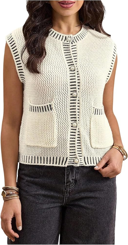 SweatyRocks Women's Crewneck Sweater Vest Striped Button Down Sleeveless Crochet Knit Top with Po... | Amazon (US)