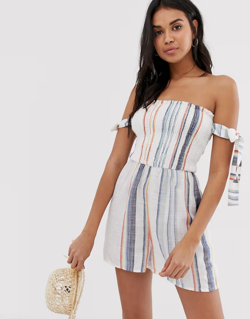 Influence striped bardot beach playsuit-White | ASOS (Global)