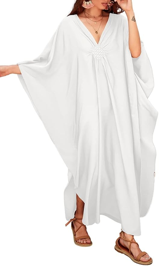 Bsubseach Women Solid Color Cover Up V Neck Batwing Sleeve Plus Size Beach Kaftan Dresses | Amazon (US)