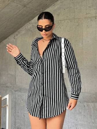 SHEIN ICON Striped Print Curved Hem Shirt | SHEIN