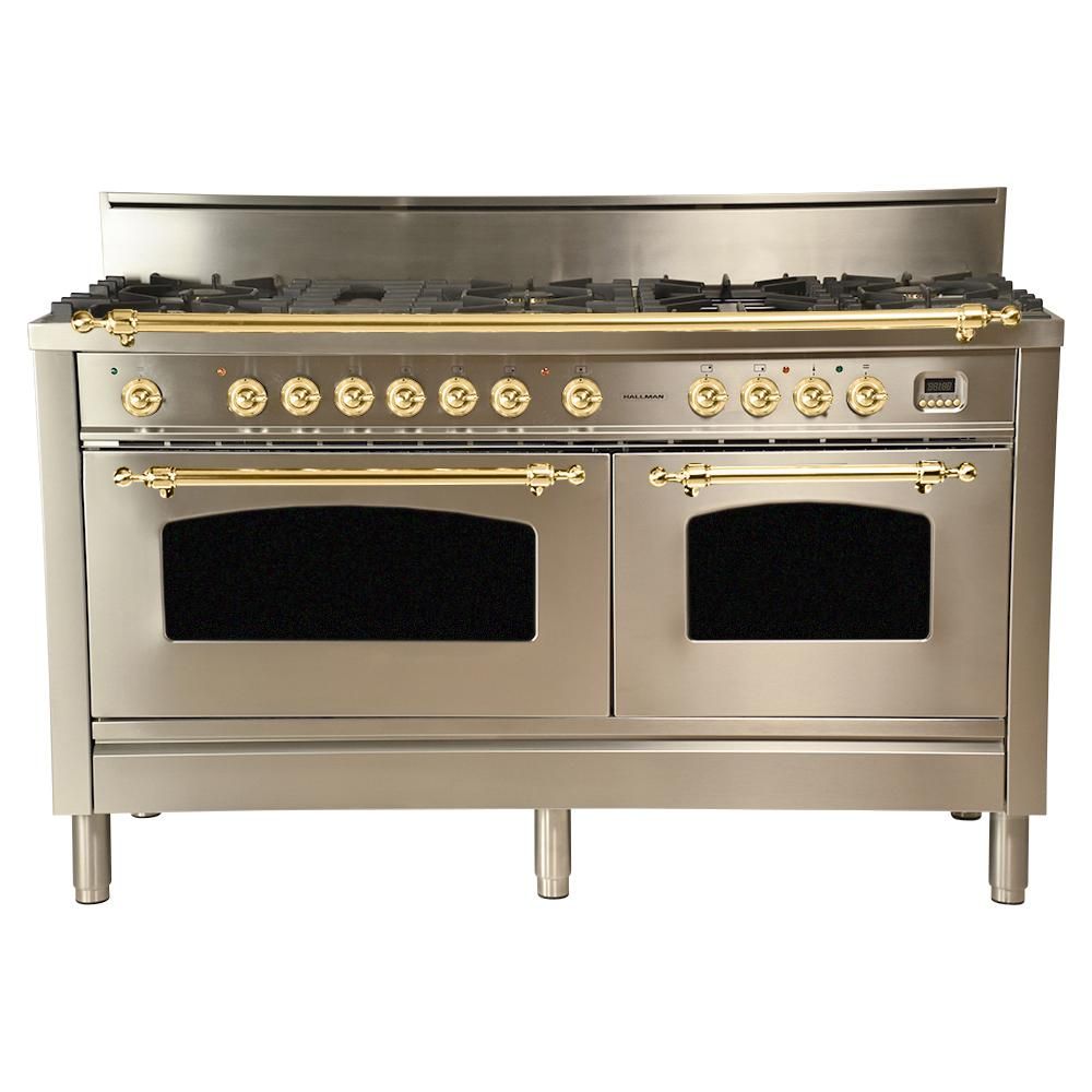 60 in. 6 cu. ft. Double Oven Dual Fuel Italian Range True Convection,8 Burners, LP Gas, Brass Tri... | The Home Depot