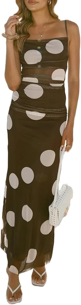 Women Spaghetti Strap Polka Dot Maxi Dress Sexy Sheer Mesh Flowy Sleeveless Long Dress Formal Wed... | Amazon (US)