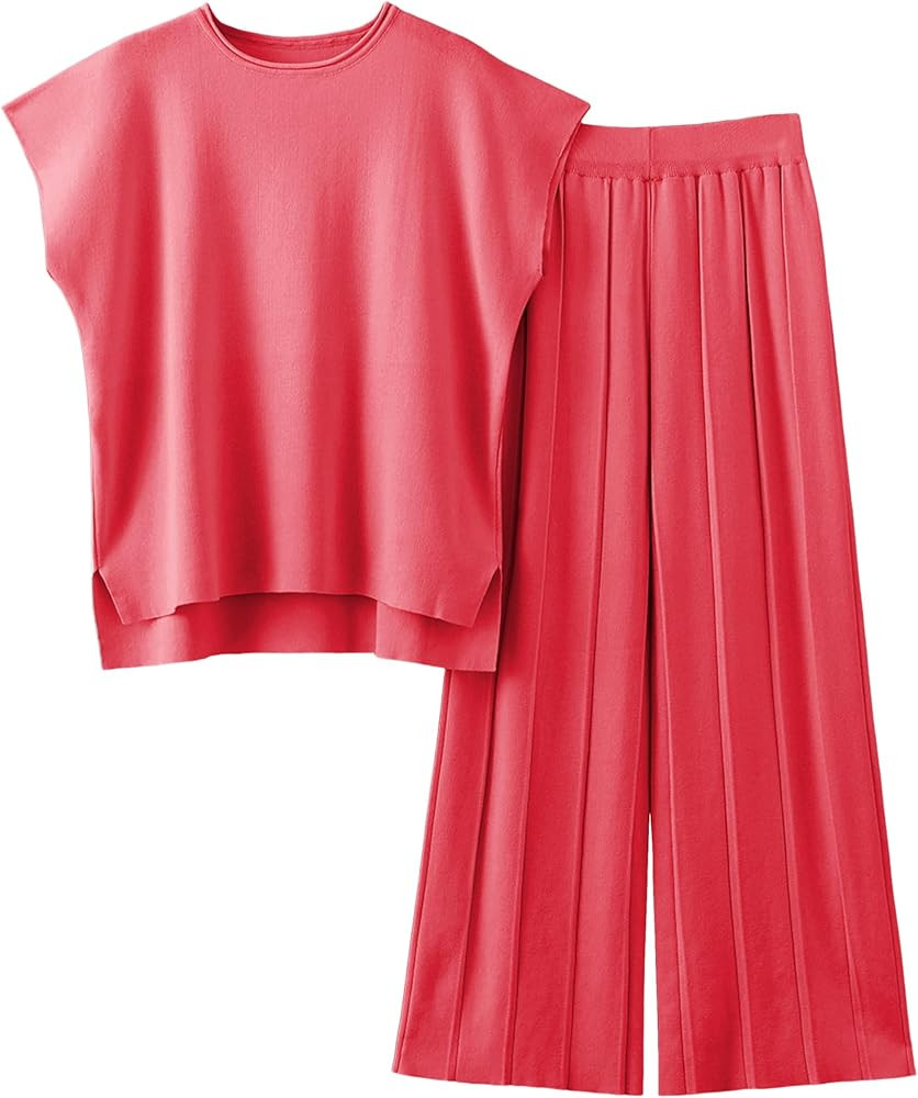 Women Knit 2 Piece Sweater Sets Pullover Tops High Waist Wide Leg Pants Lounge Set | Amazon (US)