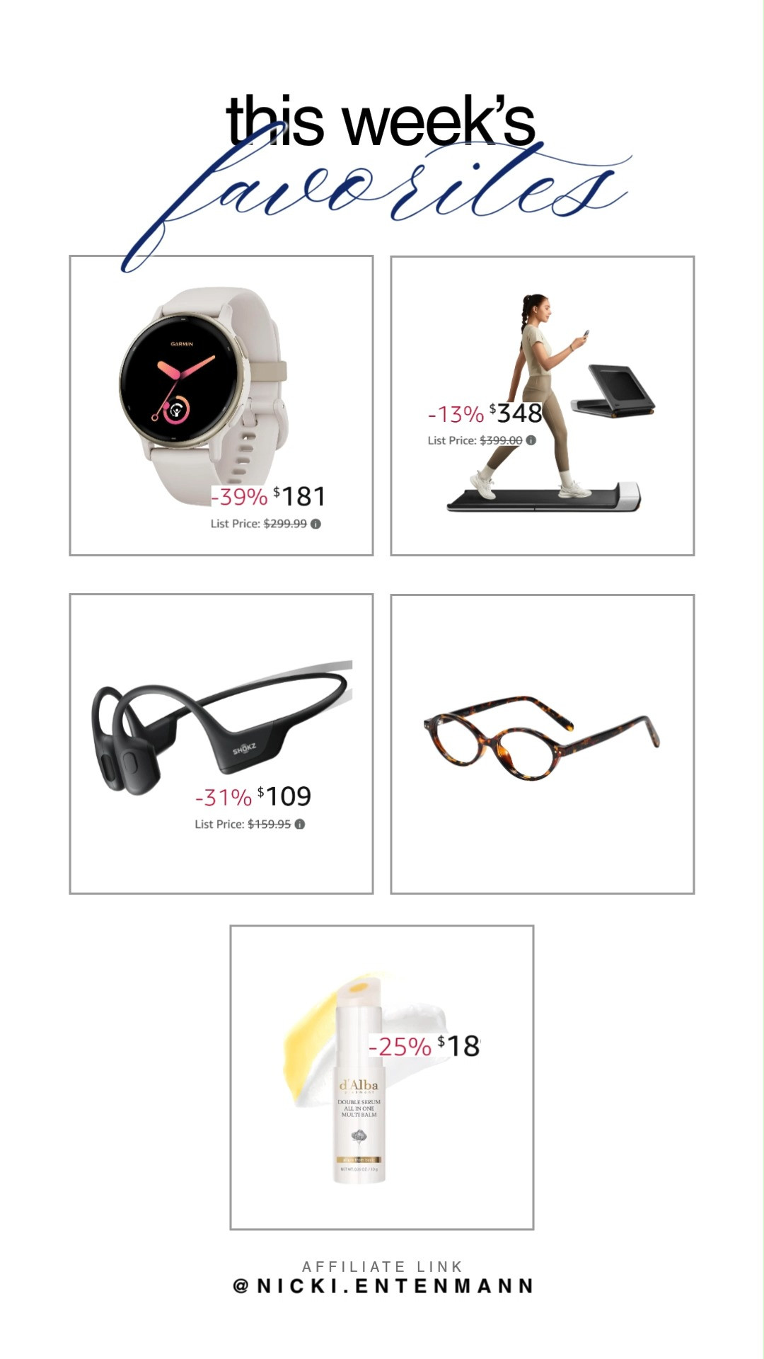 Discover my week's favorites! From tech gadgets to health essentials, these picks have made my days better. Garmin vívoactive® 5 for fitness tracking, WalkingPad for those on-the-go workouts, SHOKZ headphones for uninterrupted music, TIJN glasses for screen protection, and d'Alba serum for radiant skin. #TechAndBeauty #HealthAndWellness #AmazonFinds 

 #LTKfitnessgoals #LTKActive #LTKBeauty