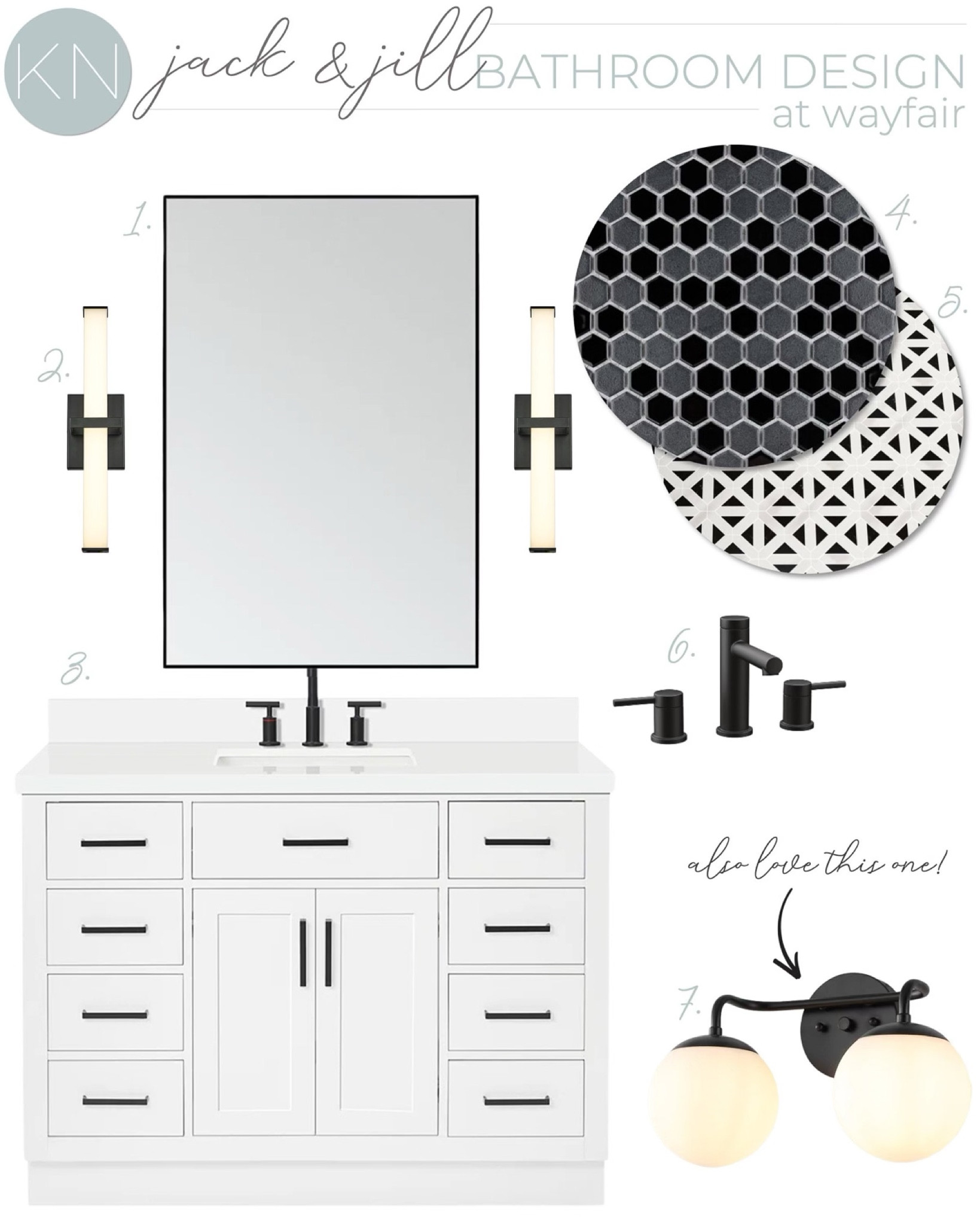Our Jack and Jill bathroom is due for an update and this is one of the design plans I’ve created! This plan features a white vanity, patterned tile and black accents. home decor bathroom decor bathroom makeover bathroom tile faucet bathroom lighting Wayfair find#LTKStyleTip 

#LTKHome #LTKSaleAlert