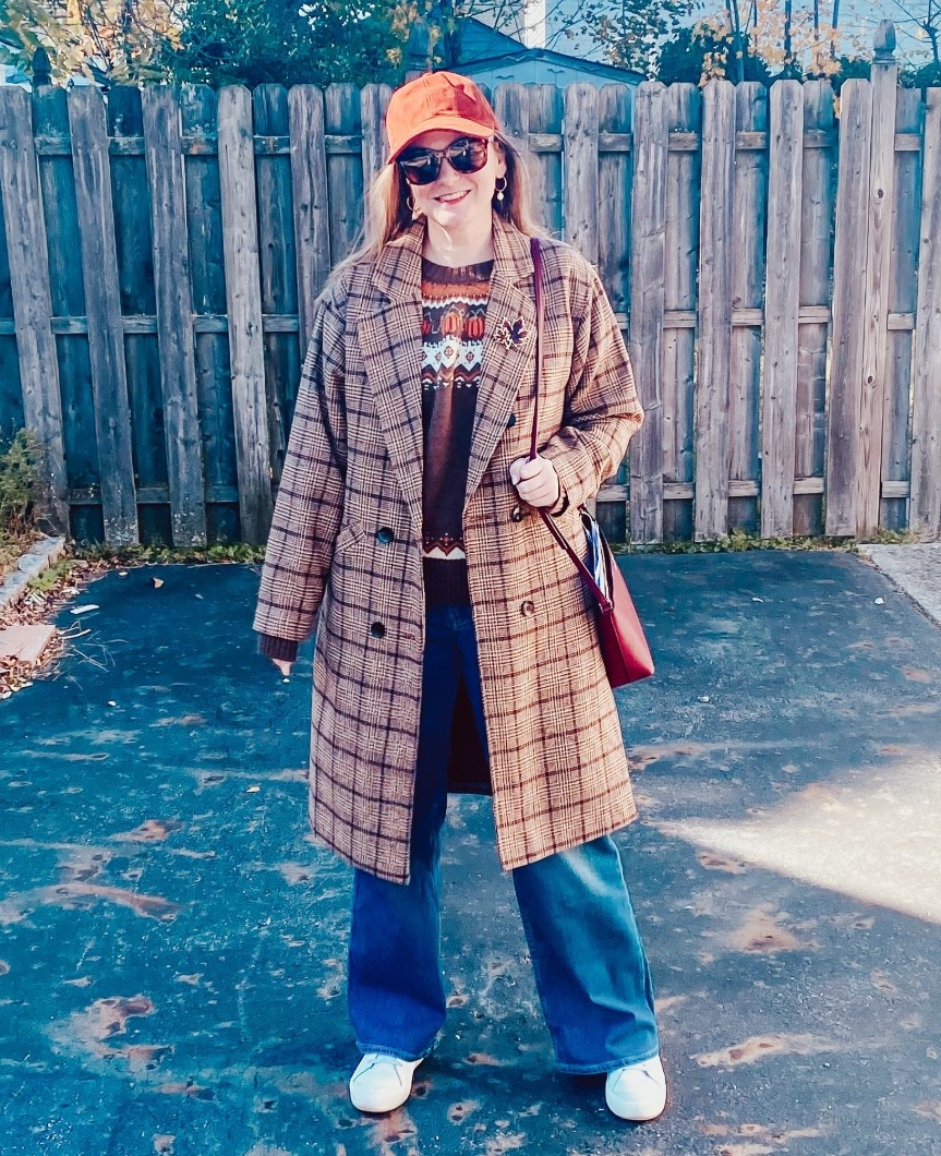 Brown plaid coat 
Wide leg jeans- bought true size 
Pumpkin fair isle sweater 
White sneakers 
Brown suede baseball hat 


#LTKMidsize #LTKStyleTip #LTKFindsUnder100