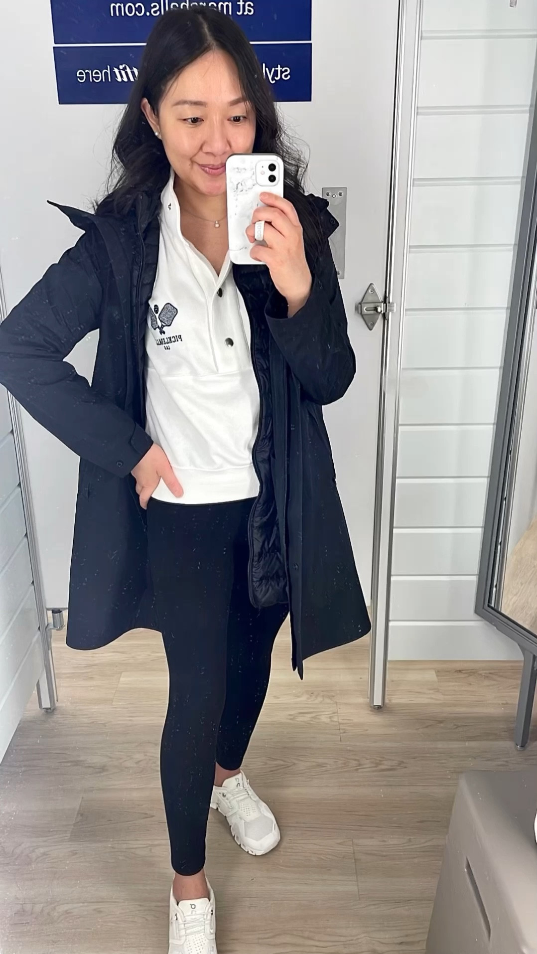 Today's outfit since it's mid 50's.

Pickleball pullover size XXS
Leggings size 11-12
Jacket size XXS
Vest size XS