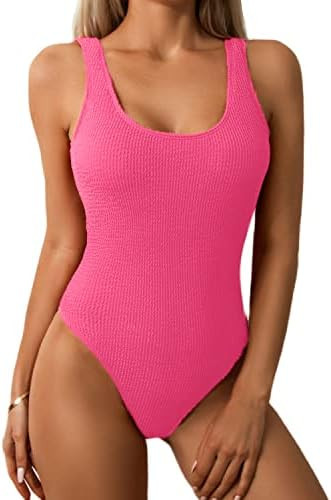Women One Piece Swimsuit Solid Ribbed Monokini Swimwear Scoop Neck Low Back Bathing Suit | Amazon (US)