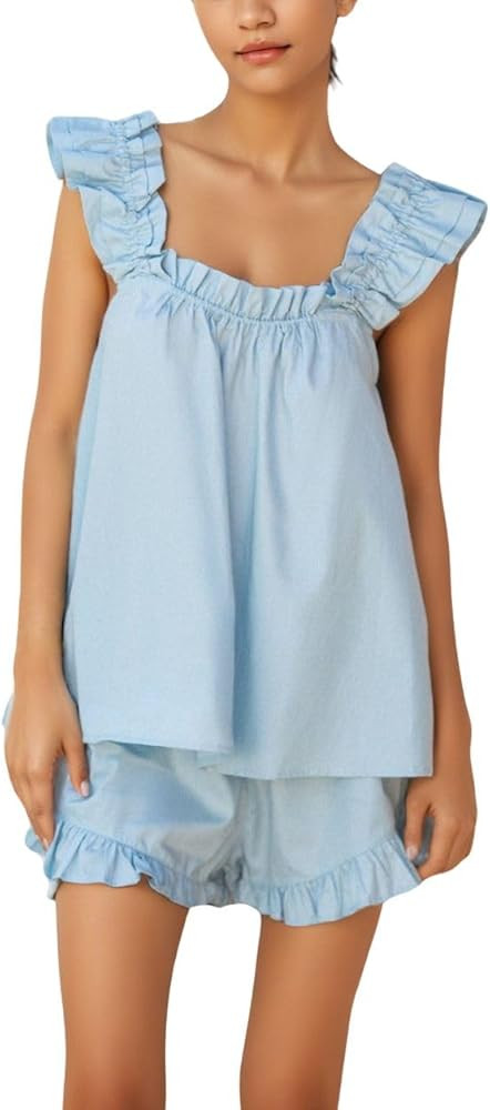 Womens Summer 2 Piece Set Fashion Ruffle Trim Cami and Casual Shorts Set Cotton Pajama Sets | Amazon (US)