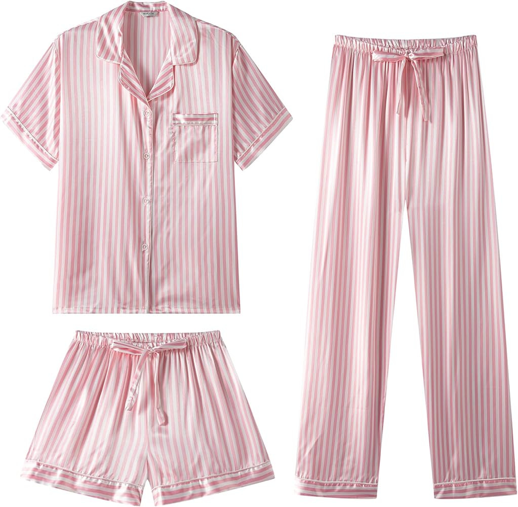 SAPJON Silk Pajamas for Women Set 3 Piece Satin Sleepwear Classic Button-Down Short Sleeve Pj Set... | Amazon (US)