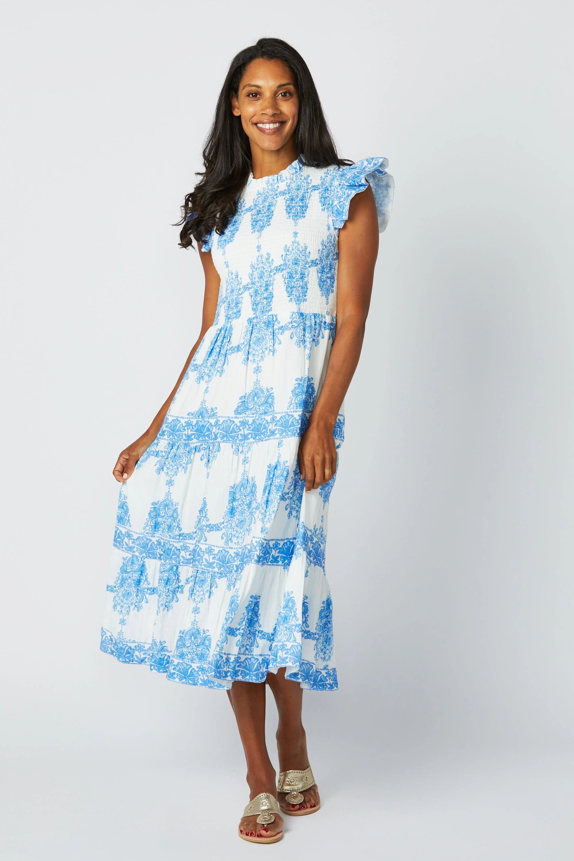 Painted Block Print Flutter Smocked Midi Dress | Sail to Sable