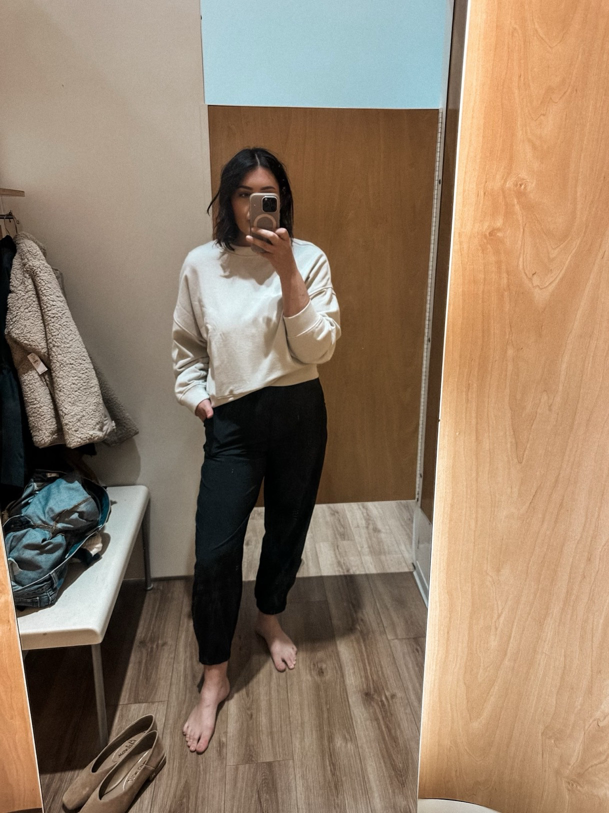 I am in the medium of the sweatshirt -- it runs big! 

I am in the medium of the joggers, perfect fit! 

 