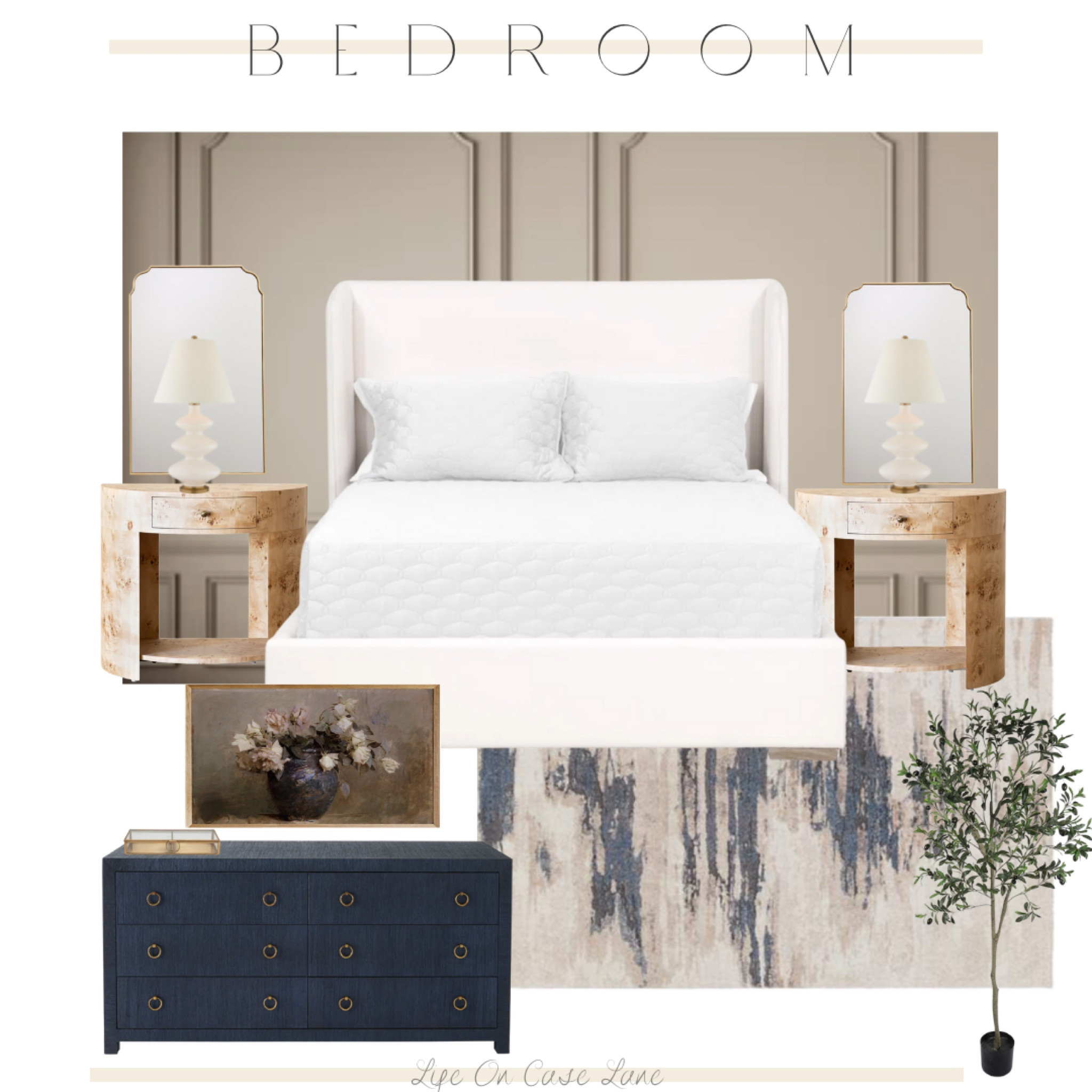 Bedroom moodboard, upholstered bed, designer furniture, the look for less, transitional decor, faux olive tree, McGee and do, wayfair bed, contemporary rug

#LTKstyletip #LTKhome