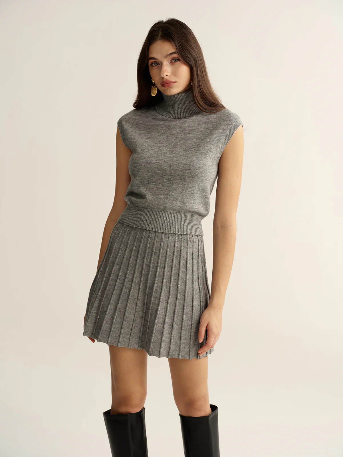 Turtleneck Sleeveless Top and Mini Skirt Set | Commense