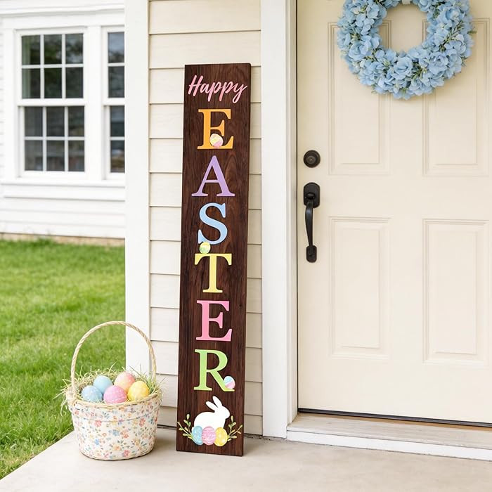 Happy Easter Welcome Sign for Front Door, Large 47 inch Wood Framed Easter Bunny Porch Sign with ... | Amazon (US)
