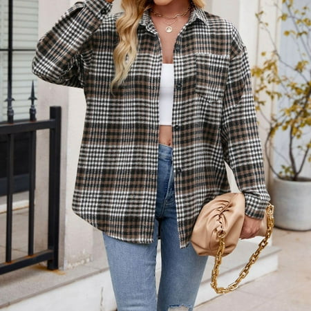Womens Fall Fashion 2024 Comfy Plaid Fuzzy Button Down Flannel Vintage Shirt Jacket Fall Casual Shacket Outerwear Brown S | Walmart (US)