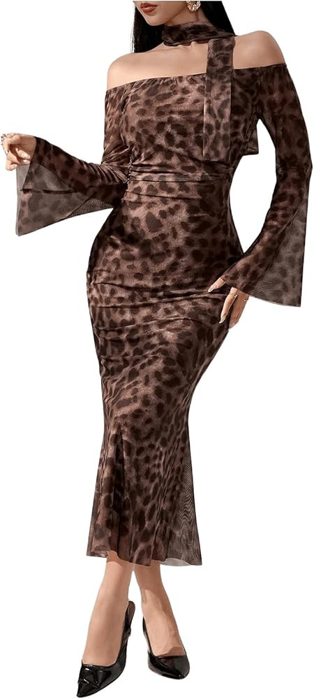 Milumia Women Leopard Print Off Shoulder Bell Sleeve Mesh Long Dress with Scarf | Amazon (US)