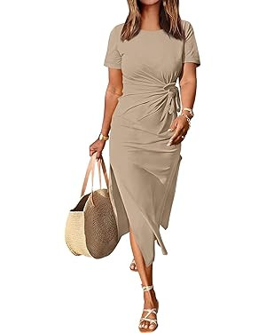 ANRABESS Women’s 2024 Summer Short Sleeve Crewneck T Shirt Maxi Dress Tie Waist Casual Slim Fit... | Amazon (US)