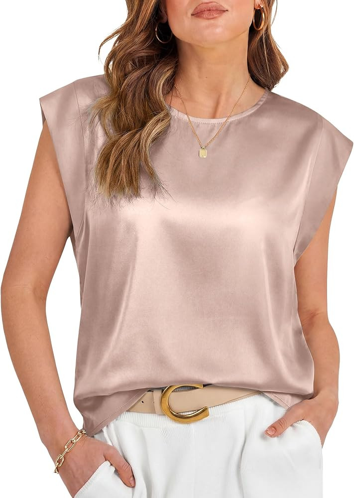 LOMON Womens Silk Satin Tops Summer Cap Sleeve Shirts Dressy Crew Neck Tank Tops Loose Business C... | Amazon (US)