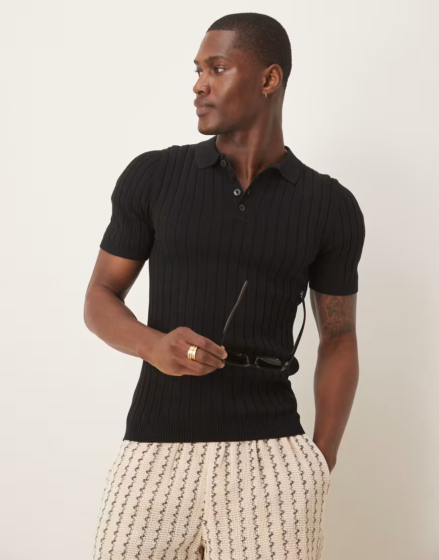 ASOS DESIGN muscle fit knitted rib polo t-shirt in black | ASOS (Global)