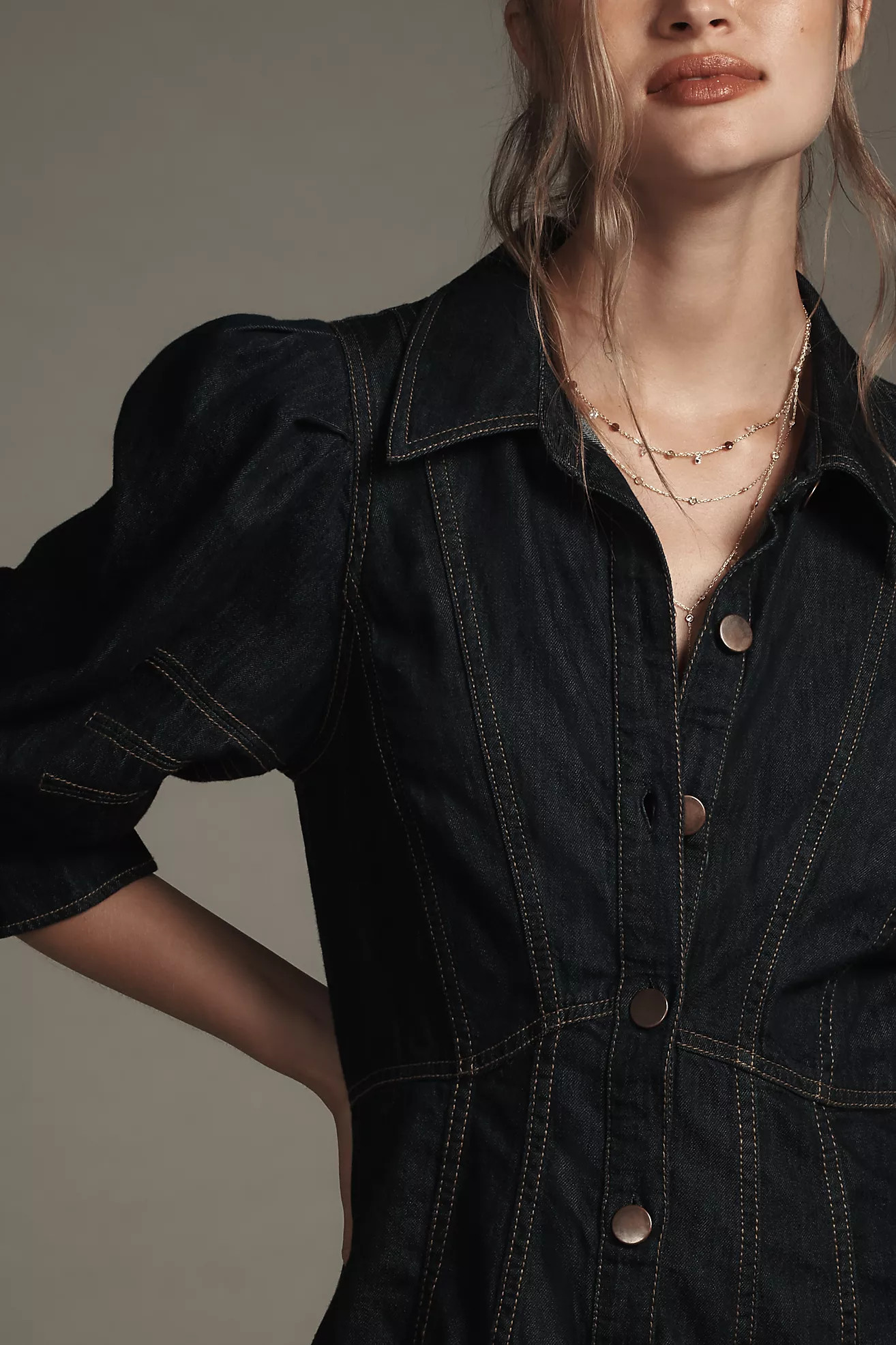 By Anthropologie Puff-Sleeve Denim Mini Shirt Dress | Anthropologie (US)
