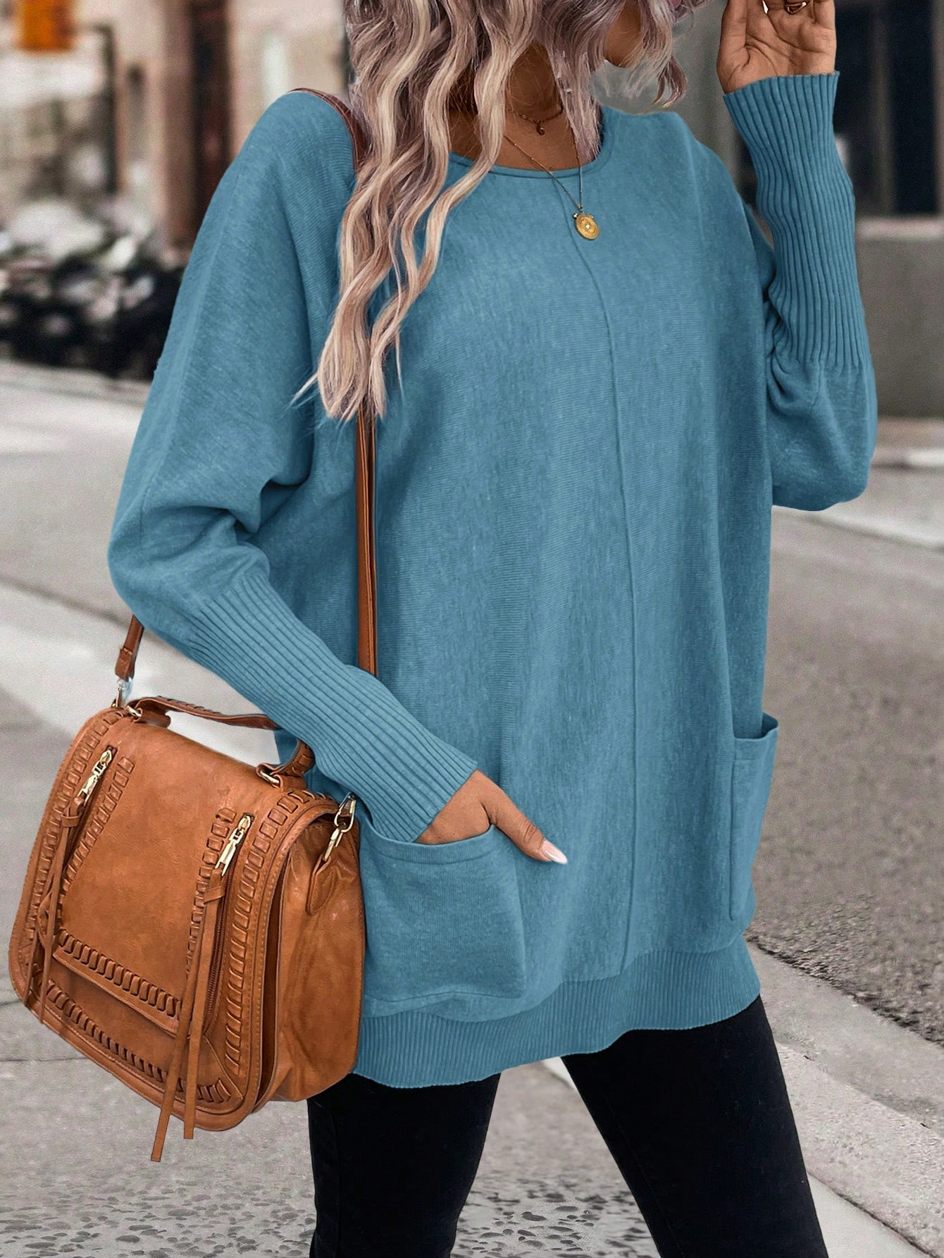 SHEIN LUNE Women's Solid Color Batwing Sleeve Pocket Loose Fashionable Sweater | SHEIN USA | SHEIN