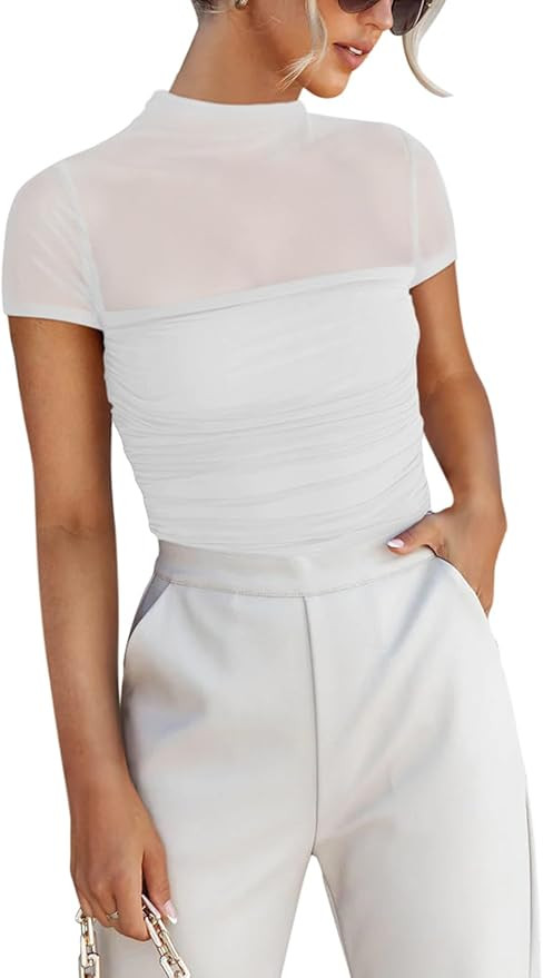 REORIA Women's Sexy Mock Turtle Neck Short Sleeve Shirts Sheer Mesh Ruched Trendy Going Out Bodys... | Amazon (US)
