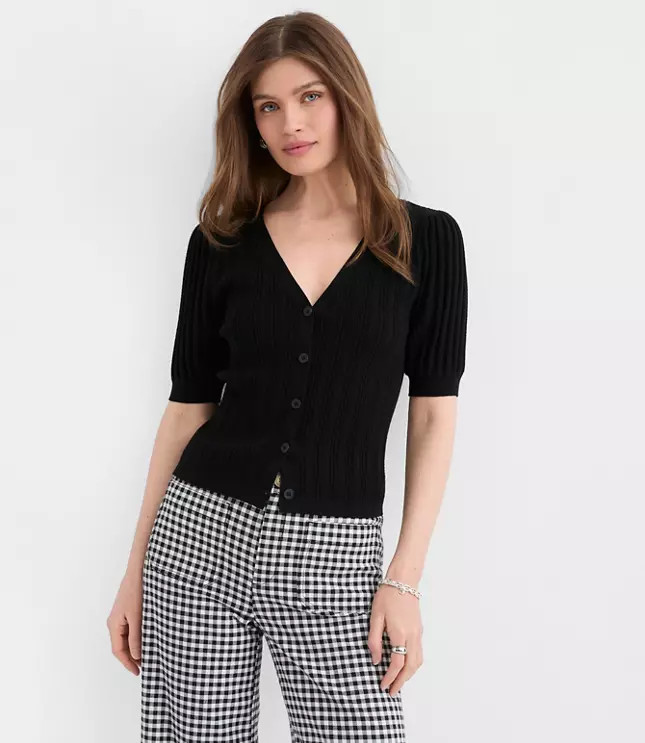 Pointelle Puff Sleeve V-Neck Cardigan | LOFT