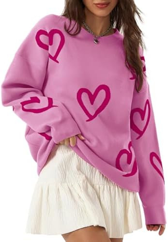 Saodimallsu Womens Oversized Heart Sweater Crew Neck Long Sleeve Knit Cute Valentines Pullover Sw... | Amazon (US)