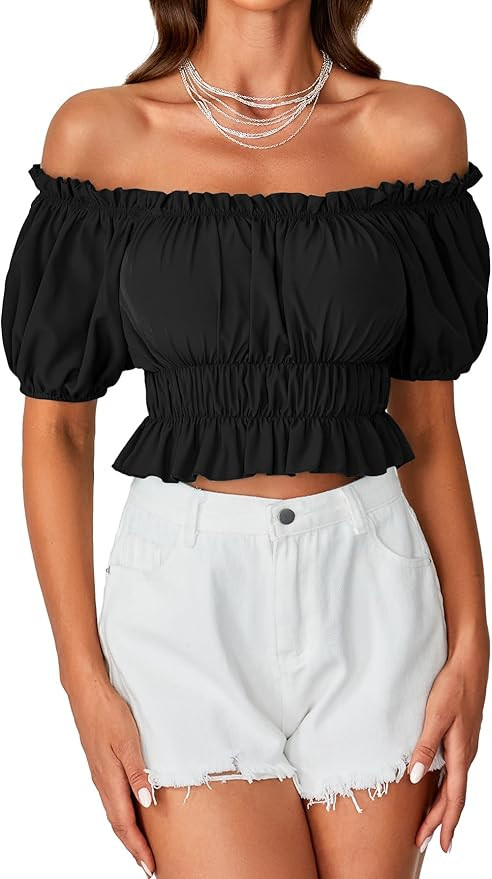 LYANER Women's Off Shoulder Short Sleeve Pleated Ruffle Trim Crop Top Blouse Shirt | Amazon (US)