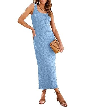 AlvaQ Women's 2024 Summer Tank Dress Casual Basic Sleeveless Sundress Textured Split Bodycon Long... | Amazon (US)